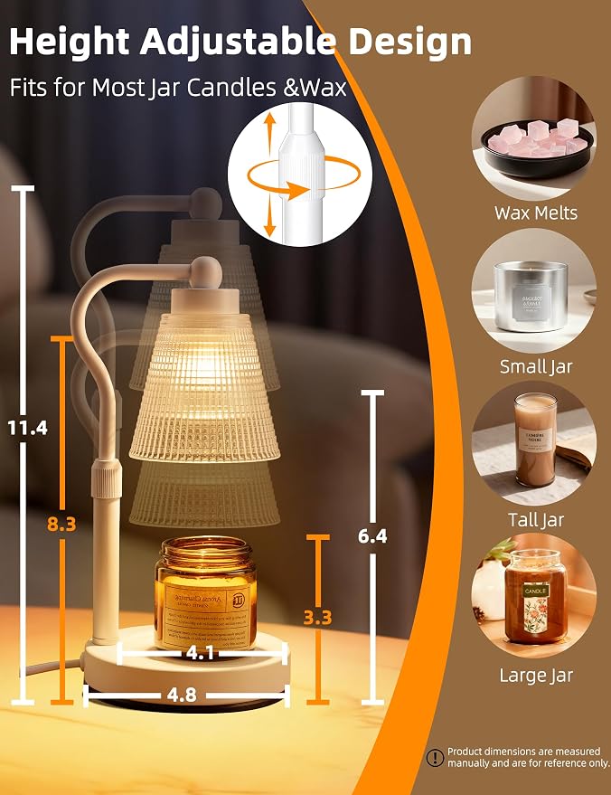 Candle Warmer Lamp for Jar Candles, Height Adjustable & Dimmable with 2/4/8H Timer, 2*50W Halogen Wax Melter Warmer for Home Office Décor, Flameless & Smokeless, Gift for Women Mom,White-Clear/1 Pack