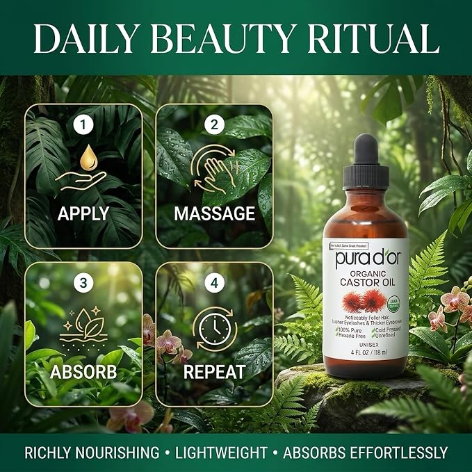 PURA D'OR Organic Castor Oil – Pure Cold-Pressed, Hexane-Free, USDA Certified - Hair, Lashes, Brows, Scalp, Skin: Supporting Softness, Strength, Hydration, Shine & Radiance 4 Oz Hair Regrowth Tonic