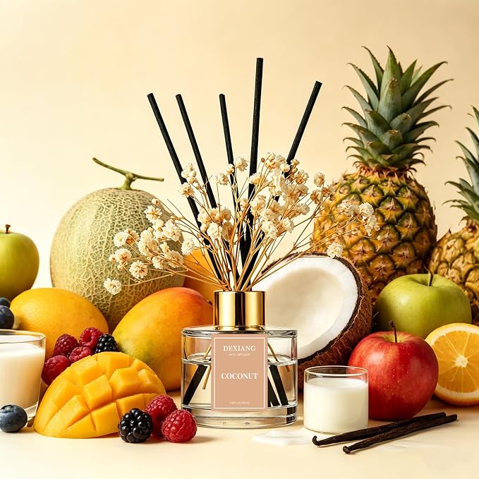 Reed Diffuser Set, 3.38 fl oz (100ml) Coconut Scent Oil Diffuser with 6 Reed Sticks, Natural Home Fragrance Reed Diffuser for Bathroom, Bedroom, Living Room Shelf Decor