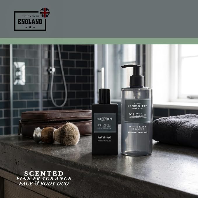 Pecksniff's Face & Body Duo Amber & Oud Wood – Men’s Grooming Gift Set with 100ml Face & Body Cologne and 250ml Body Wash – Luxury Fragrance Collection, Made in England