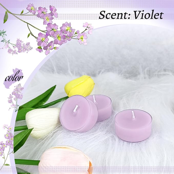Violet Scented Tealight Candles, Purple Scent Tea Lights Candles Clear Cup, 24 Pack Colored Tealights Candle, 6 Hour Burn Time Tea Candles for Party, Decor, Spa, Shabbat