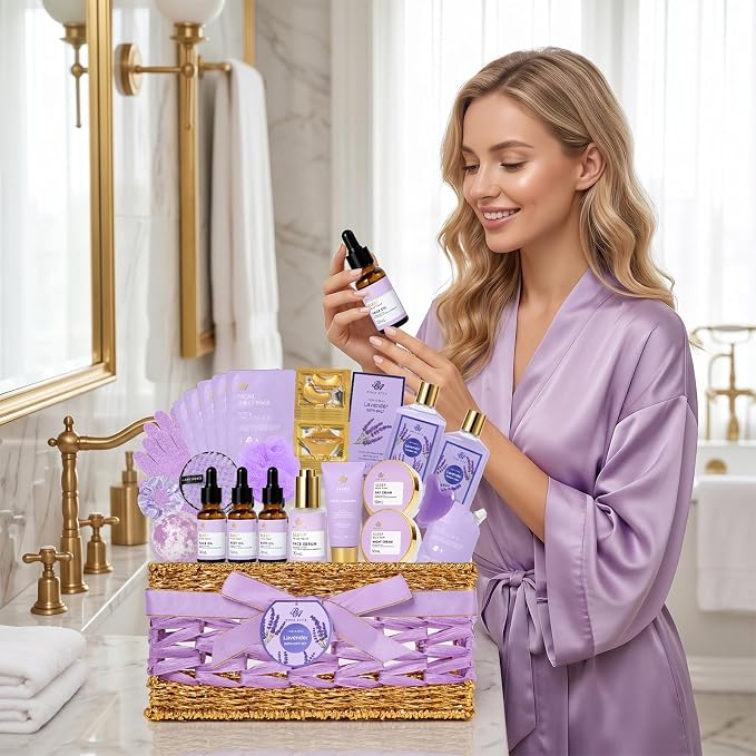 Gifts for Women, Lavender 32 Pcs Bath & Body Gifts Basket Set for Women, Hydrating Facial Skin Care Set, Spa Basket Self-Care Set, Face Sheet Mask, Birthday Gifts, Christmas, Mothers Day, Anniversary