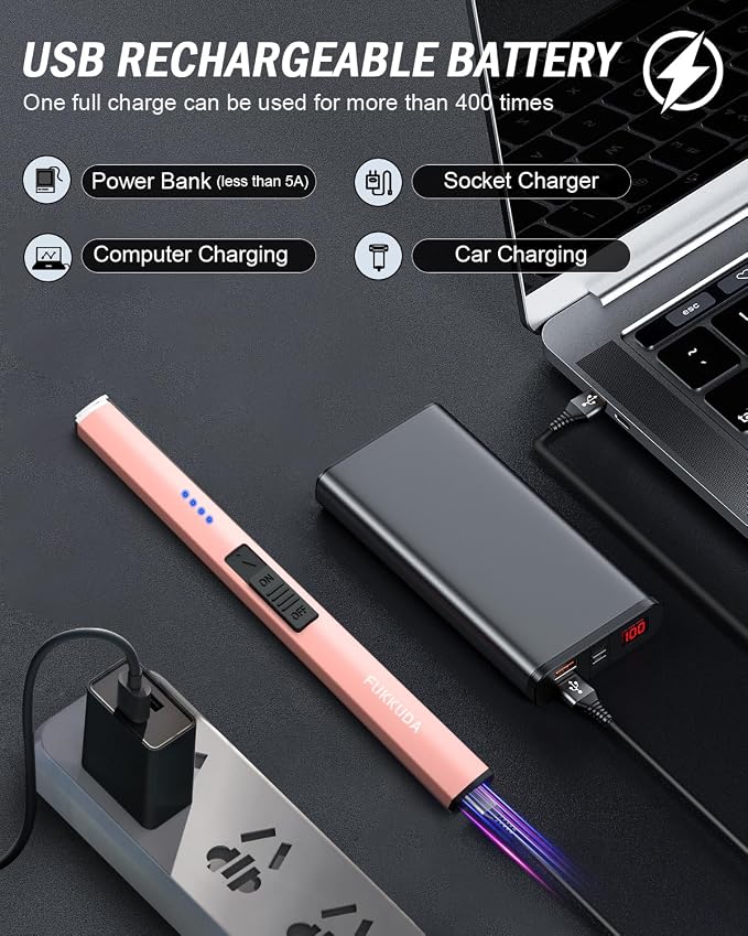 FUKKUDA Electric Candle Lighter with Safety Switch - USB Rechargeable Windproof & Flameless Plasma Arc Lighter for Easter Basket Stuffers (Rose Gold)