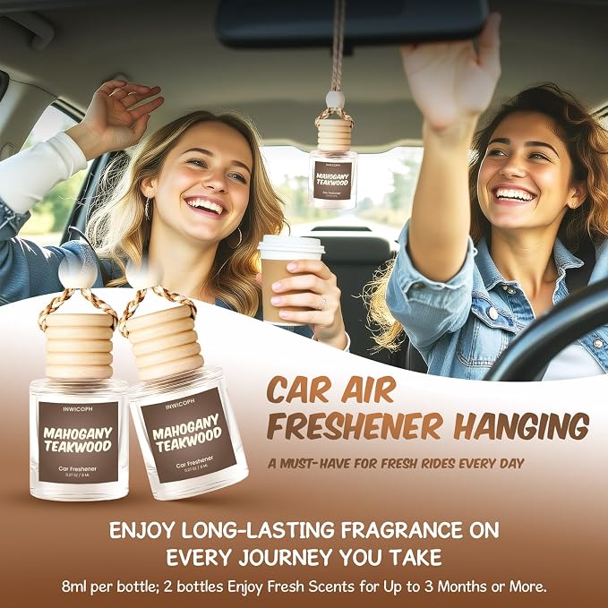 Premium Car Air Freshener Diffuser Set (2 Pack) - Mahogany Teakwood Fragrance Oil, 45+ Day Long-Lasting Hanging Auto Freshener