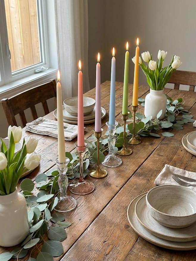 10" Classic Taper Candles, Multicolored, 12-Pack, 7-8 Hours Long Burning, Unscented Tall Easter Colorful Candlesticks