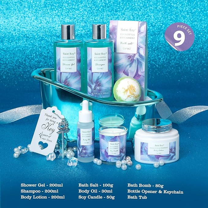Bath and Body Basket Set EUCALYPTUS & Mint Spa Gift Basket for Women, Unique Bath Gift Baskets Gifts, Home Spa Kit Christmas Gifts for Women, birthday gift baskets for Dad Mother's Day