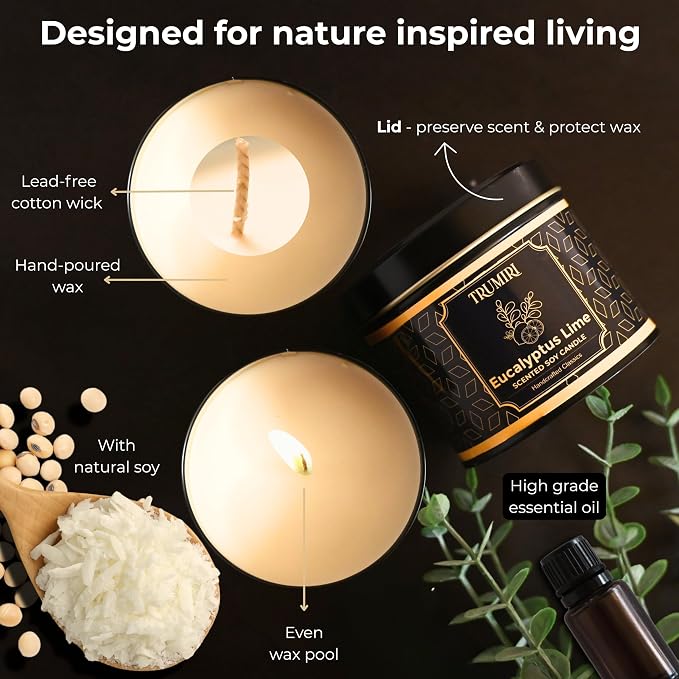 Eucalyptus Candle with Lime Strong Scented Soy Candel Natural Non Toxic Velas Aromáticas for Home Gift for Fall Christmas Holidays Pack of 3 5Oz Decorative Tin Jars with Lids