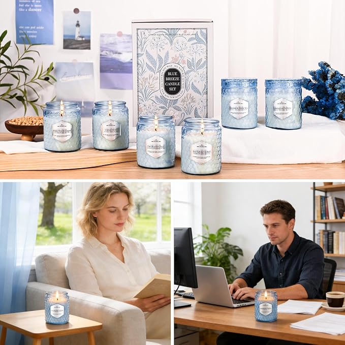 Lake Blue Candles for Home Scented, 6 Pack of 5.5 Oz Natural Soy Wax Candles in Decorative Glass, Home Aromatherapy Gifts Sets for Women Birthday Christmas Refresh & Relaxation