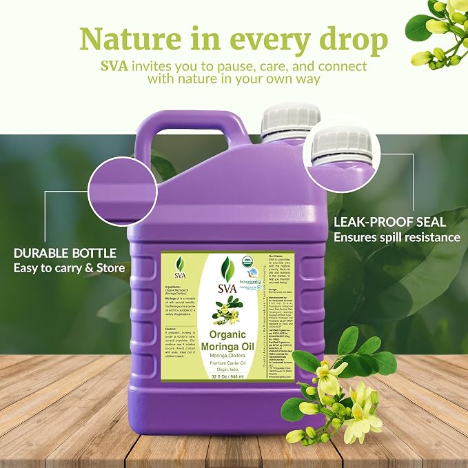SVA Moringa Seed Oil Organic - 32 Fl Oz – 100% Natural Cold Pressed Moringa Oil - for Face, Skin Care, Hair Care, Scalp Massage & Body Massage – Carrier Oil with Dropper
