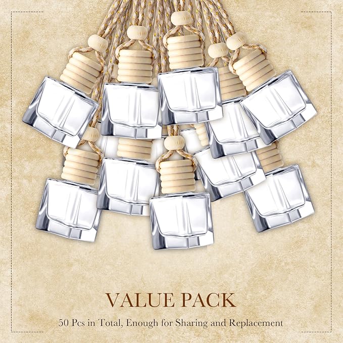 BBTO 50 Pcs Hanging Car Air Freshener Car Diffuser Bottles Empty Glass Perfume Bottle Freshener Diffuser Bottle Pendant for Essential Oil Fragrance Aromatherapy Bottle Ornament(Cube)