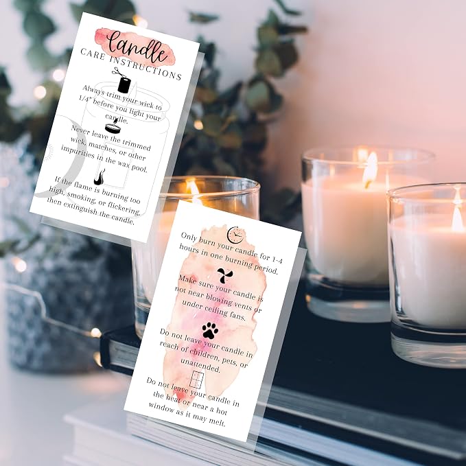 Handmade Candle Care Instruction Card | 50 Pack | for Handmade Candle Makers Soy Bees Wax Coconut Essential Oils | White and Watercolor Card