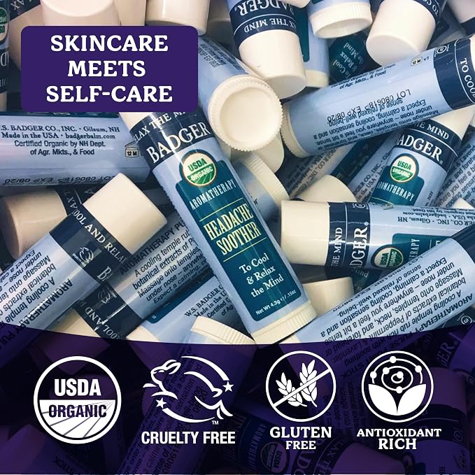 Badger Headache Soother, 100% Organic Essential Oil Aromatherapy, All-Natural Headache Relief w/Peppermint, Eucalyptus & Lavender, .6 oz