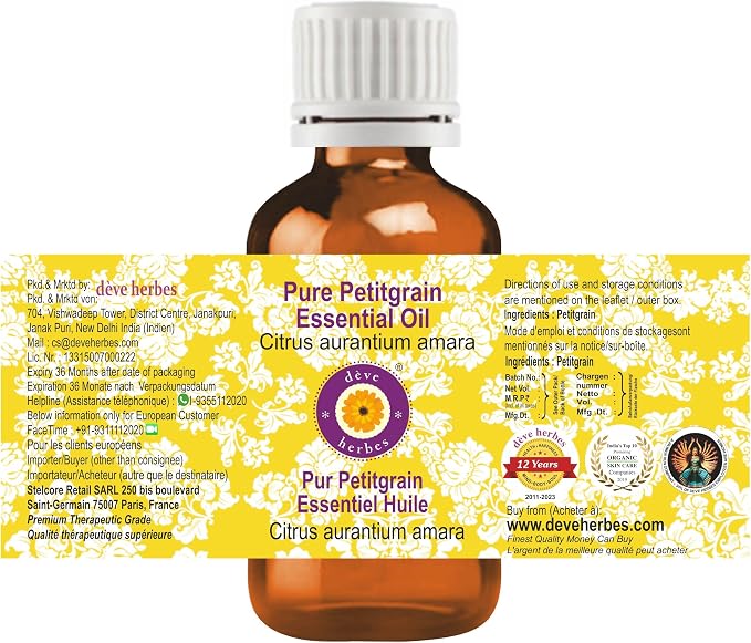 dève herbes Petitgrain Essential Oil (Citrus aurantium Amara) Pure | Non-Sticky | Non-Greasy | Lightweight | Men & Women | All Skin Types | Steam Distilled 10ml (0.33 oz)