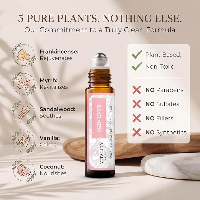 Vitality Extracts Skin Envy - Face Moisturizer Serum, Coconut Oil, Collagen, Vitamin E, Vegan, Frankincense Essential Care, Sandalwood Soothing, Clarifying, Skin Health