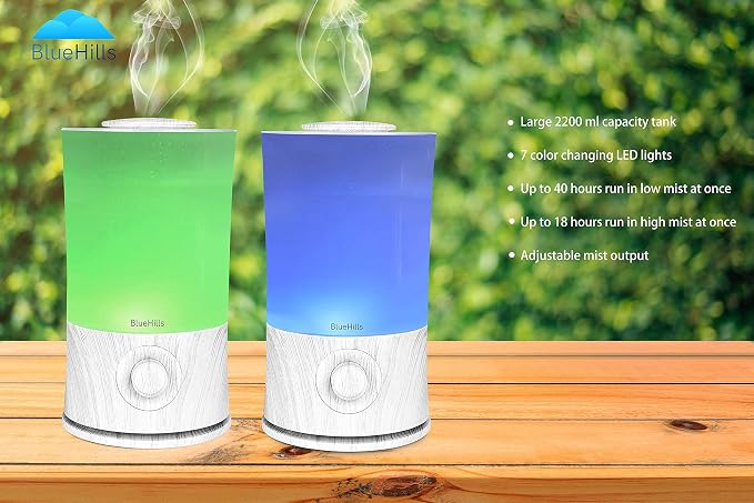 BlueHills Premium 2000 ML XL Large Essential Oil Diffuser Aromatherapy Humidifier for Large Room Home 40 Hour Run Huge Coverage Area Lights 2 Liter Extra Large Capacity Diffuser White Wood Grain E004