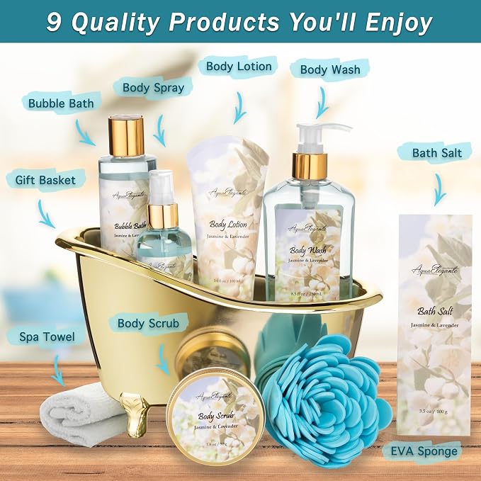 Aqua Elegante Spa Gift Basket - Luxury Bath Set with Body Wash, Bubble Bath, Lotion, Salts, Scrub, Spray, Shower Puff, Towel, Gifts for Women, Mom, Wife, Her - Jasmine & Lavender