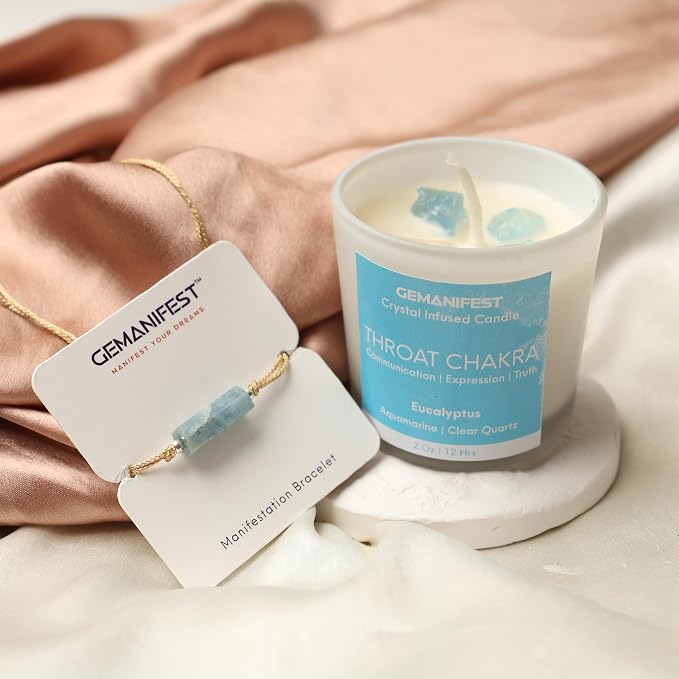 Throat Chakra Candle with Healing Crystals and Aquamarine Bracelet Eucalyptus Candle Spiritual Candles for Positive Energy Meditation Communication Clarity