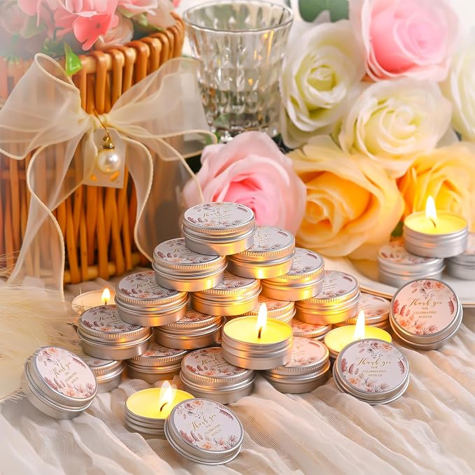 MTLEE 50 Pcs Boho Beige Floral Wedding Candles Gift Favors for Guests 1 Oz Lavender Scented Soy Wax Aromatherapy Candle Favors for Bridal Shower Rustic Wedding Party Guests(Vivid Flower)