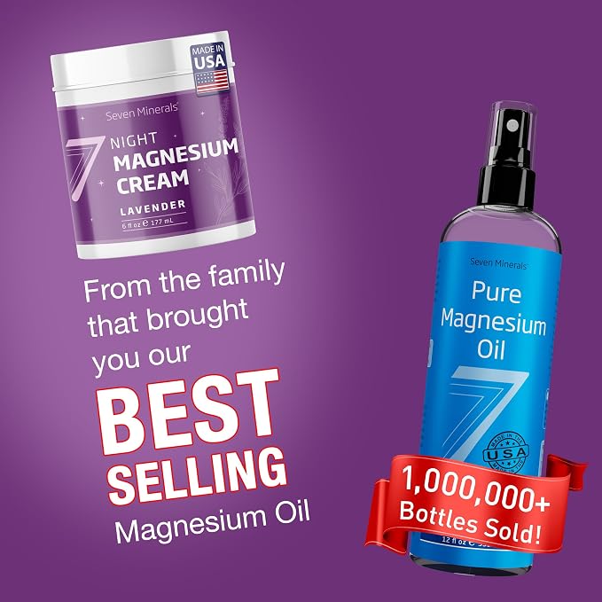 Seven Minerals Magnesium Cream for Sleep with All-Natural Lavender - Extra Strength Magnesium Lotion for Sleep, Pain & Stress - Relaxing Blend for Legs, Feet, Muscles, & Joints, 6 fl oz