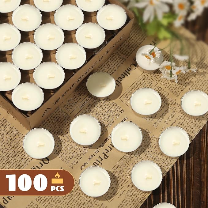 Soy Tea Lights Candles 100 Pack,4 Hours Long Burning-Natural Soy Wax Tealights Candles,Paraffin-Free,Unscented,Clean Burn Tea Lights Votive Candle Bulk for Weddings,Dinner