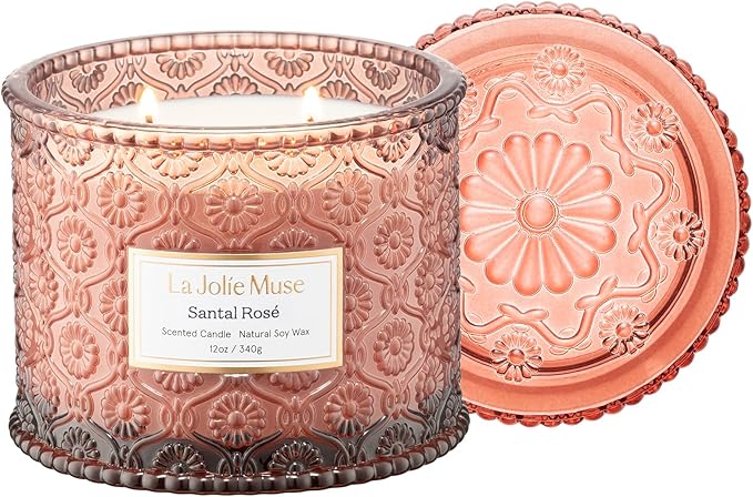 LA JOLIE MUSE Santal Rosé Scented Candles for Home, Natural Soy 2-Wick 12oz | Large Jar Luxury Candle, Clean Non Toxic, Gifts for Women, Decorative Pink Candles, Pretty Floral Candle, Sandalwood Rose