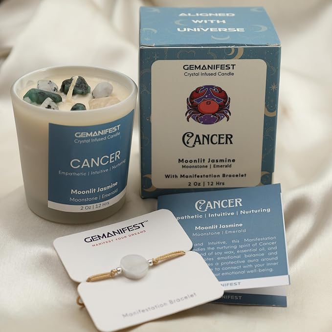 Cancer Zodiac Candle for Manifestation with Moonstone Bracelet Jasmine Soy Candles for Home Scented Zodiac Sign Gifts for Women Birthday Birthstone Gifts
