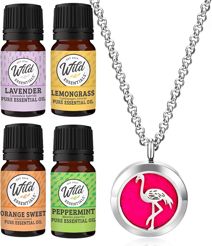 Wild Essentials Flamingo Necklace Essential Oil Diffuser Kit with Lavender, Lemongrass, Peppermint, Orange Oils, 12 Refill Pads, Calming Aromatherapy Gift Set, Customizable Color Changing, Perfume