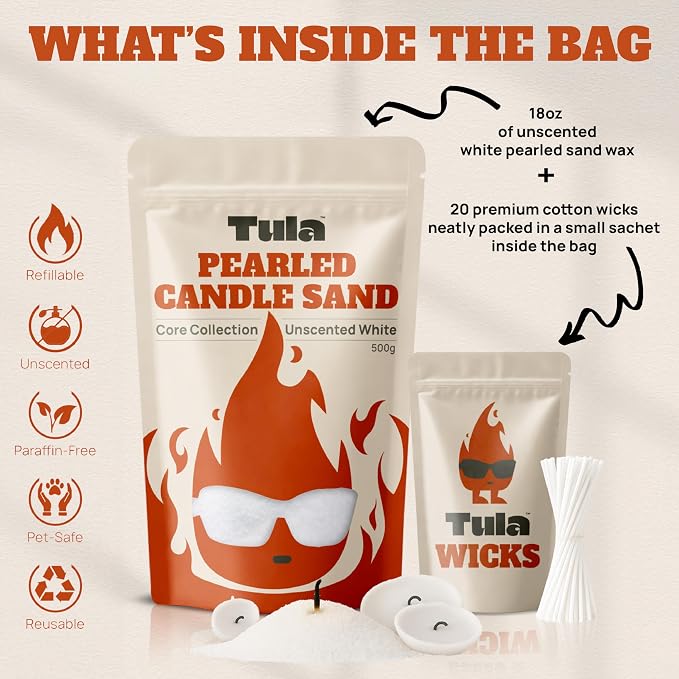 Tula Sand Candles – White Pearled Candle Sand – 18 oz Refillable Soy Wax, Unscented & Paraffin-Free, with 20 Wicks, Pet-Safe for DIY Candle Making & Home Decor