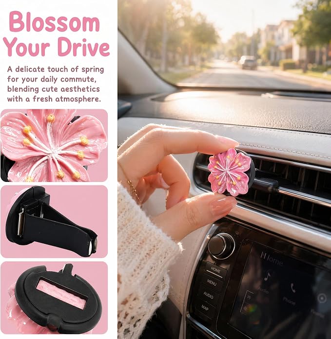6PCS Cherry Blossom Flower Air Vent Clips, Cute Car Freshener Diffuser for Women Girls, Air Conditioning Outlet Clip for Interior Decor(White,Pink&Red)