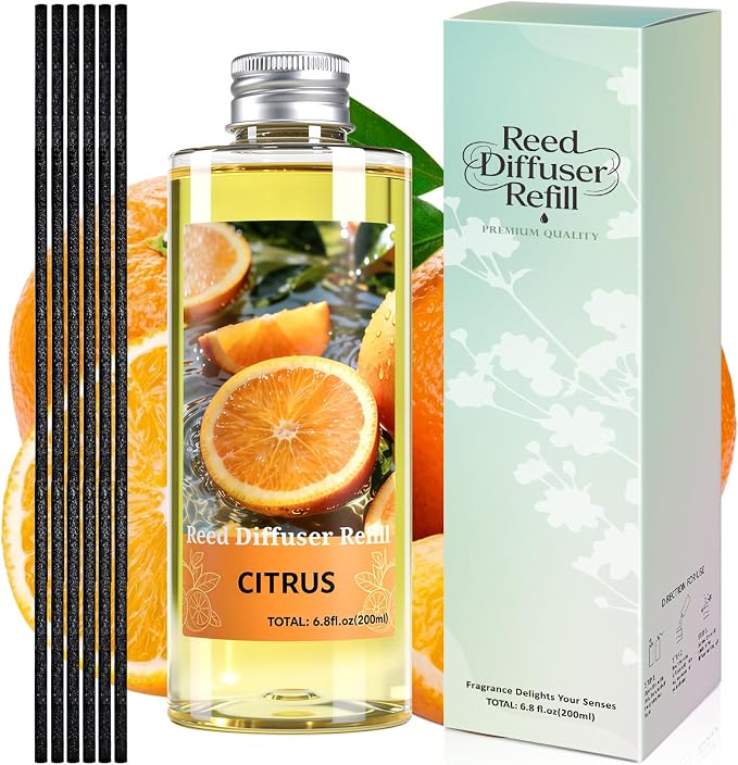 STRN Reed Diffuser Oil Refill, Citrus Scented Diffuser Oil Refills with 6 Reed Sticks 200ML(6.8fl.oz), Room Fresheners for Home, Long-Lasting Summer Fragrance for Living Room, Bedroom, Office