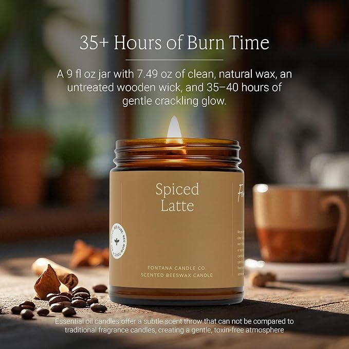 Fontana Candle Co Wood Wick Beeswax Jar Candle, Spiced Latte – Made Safe with Coconut Oil & Pure Essential Oils – 35+ Hrs Clean Burn, Long Lasting and Non-Toxic Candles for Home & Room Decor
