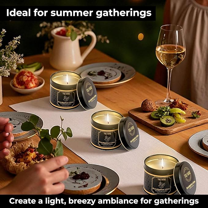 Eucalyptus Candle with Lime Strong Scented Soy Candel Natural Non Toxic Velas Aromáticas for Home Gift for Fall Christmas Holidays Pack of 3 5Oz Decorative Tin Jars with Lids