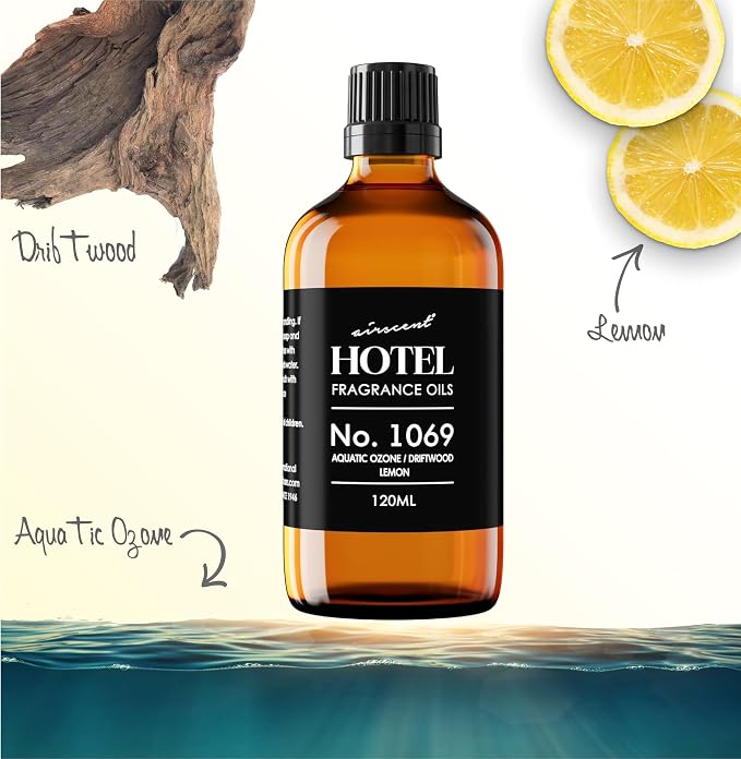 AirScent Hotel Diffuser Oil No. 1069 - Aquatic Ozone, Driftwood, Lemon - Premium Fragrance Oil for Ultrasonic and Waterless Diffusers and Crafting - 10 mL, 0.34 fl oz Glass Dropper Bottle