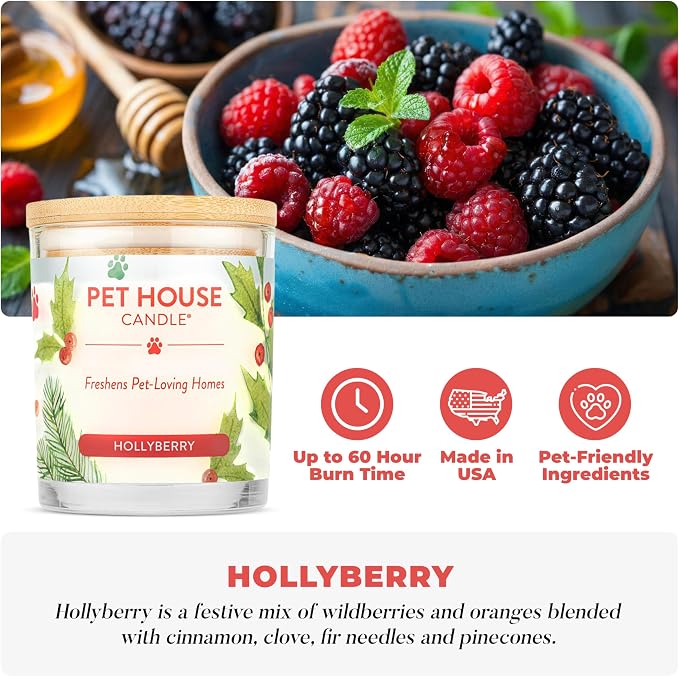 One Fur All Pet House Candle 2 Pack - Plant-Based/Soy- Clean Burning Scented, Long Lasting Pet Odor Candle for Home - Hollyberry