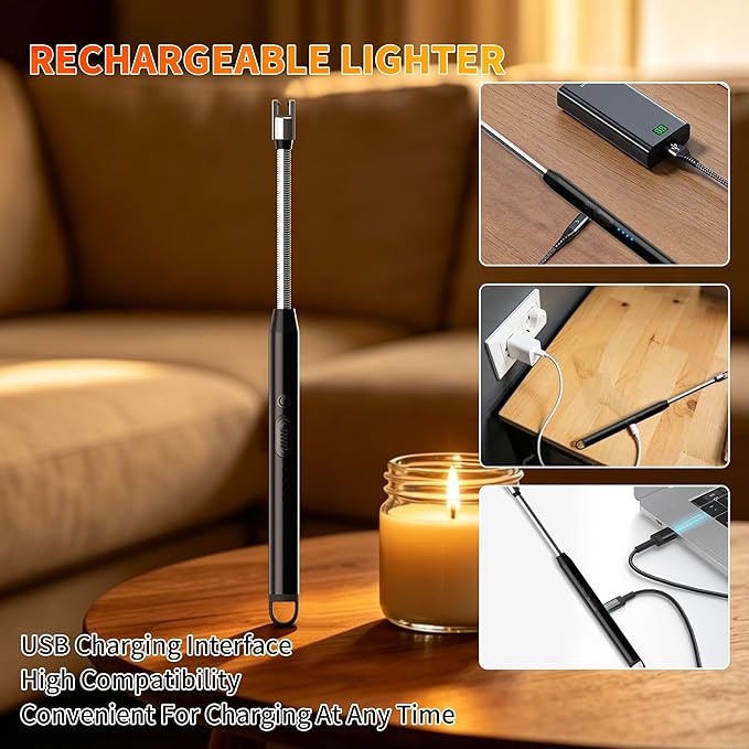2 Pack Rechargeable Type C Electric Lighters, Black | Flameless and Windproof, Plasma Arc, 360° Long Reach Flexible Neck, LED Power Display, For Candles, BBQ Grill & Camping