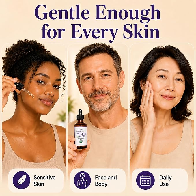 BodyJ4You Lavender Essential Oil Blend - USDA Organic Pre-Diluted MCT Ready to Use - Calming Skin Care for Face Body Sensitive Skin - Vegan Hexane Free Fast Absorbing - Amber Glass Dropper 2 Fl Oz
