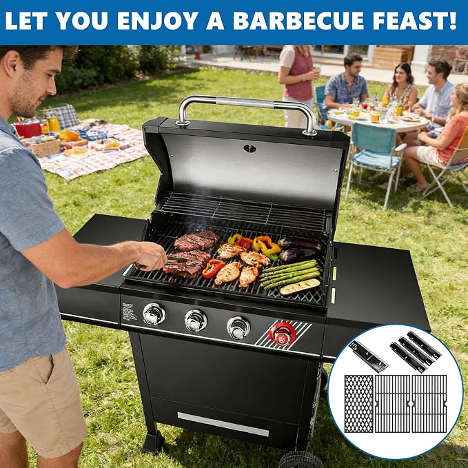 SafBbcue Grill Replacement Parts for dyna-glo 4 Burner DGH450CRP DGH450CRP-D Grills, Cast Iron Grill Grates, Porcelain Steel Heat Plates, Grill Parts Kit for Dyna-Glo 4 Burner Grill