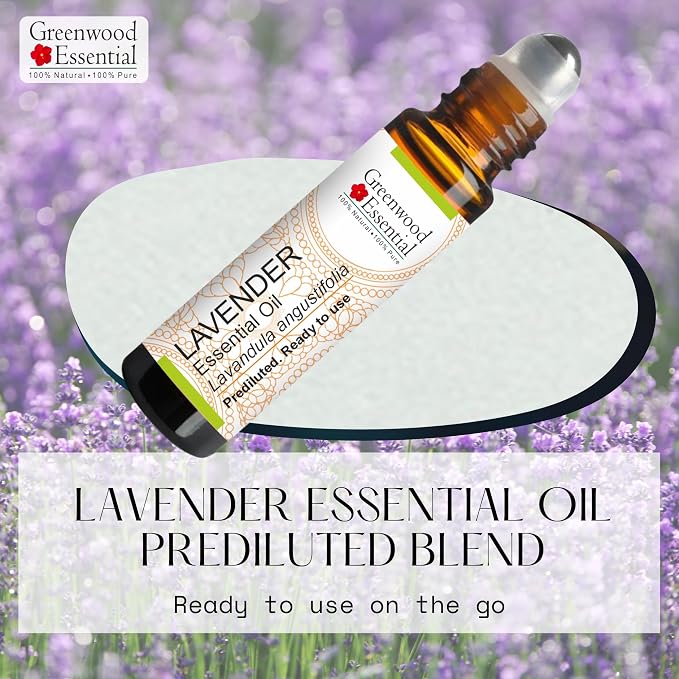 Greenwood Essential Lavender Essential Oil (Lavandula angustifolia) Pre Diluted Ready to Use Roll-on Blend for Aromatherapy and Topical Skin Application for Kids and Adults 10ml (0.33 oz)