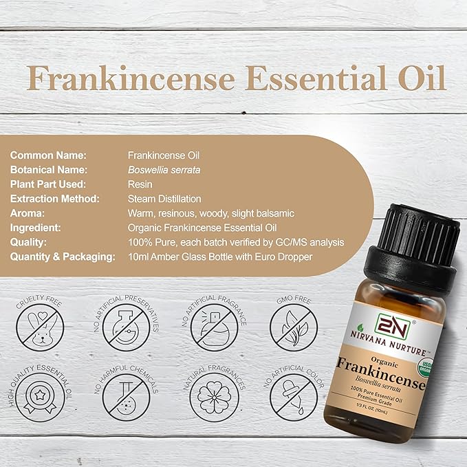 Frankincense Essential Oil, USDA Certified Organic, 100% Pure Undiluted, Aromatherapy Oil for Diffuser, Hair & Skin Care