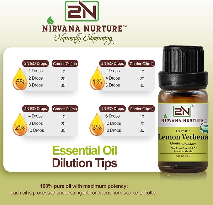 Lemon Verbena Essential Oil, USDA Certified Organic, 100% Pure Undiluted, Aromatherapy Oil for Diffuser, Hair & Skin Care