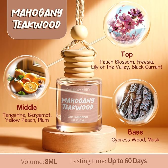 RAINBOW ABBY Hanging Car Air Freshener Diffuser 2 Pack - Mahogany Teakwood Fragrance Oil, 45+ Days Long Lasting, Essential Oil Diffuser for Car