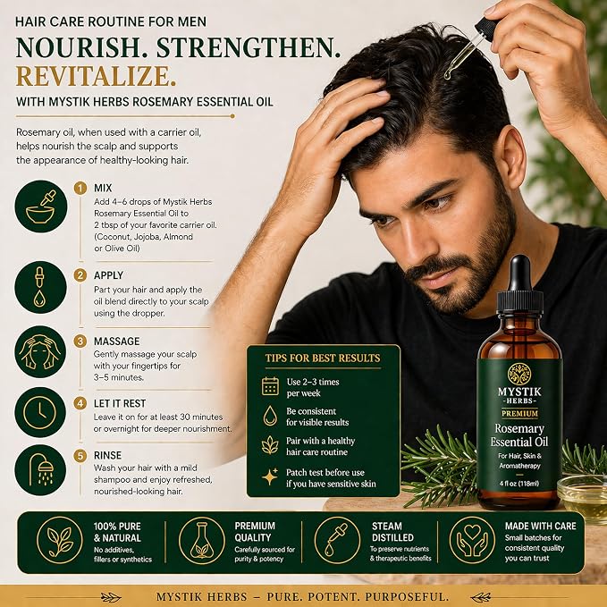Premium Rosemary Essential Oil for Hair & Scalp, 100% Pure Undiluted Rosemary Oil for Hair Care, Skin & Aromatherapy, 4 fl oz (118ml)