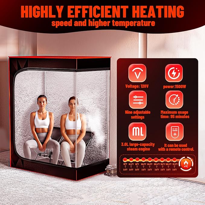 Luxury Portable Steam Sauna Tent for Home - 1500W Fast Heating Sauna Box with 3L Steamer Pot, Thermal Insulation Sweat Tent for Muscle Recovery - 2 Person