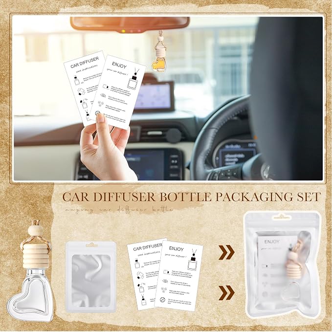 Boao 100 Sets Hanging Car Air Freshener Diffuser Bottles with Instruction Card and 4 x 6'' Resealable Holographic Bag for Empty Car Essential Oil Perfume Bottles Packaging (Heart)