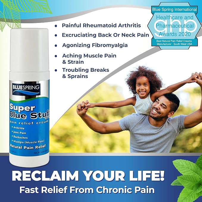 Super Blue Stuff Natural Pain Relief Roll-On with Emu Oil, 3 fl oz | Anti Inflammatory Analgesic Cream, For Back, Knee, Joint, Muscle, Arthritis, Neck Pain