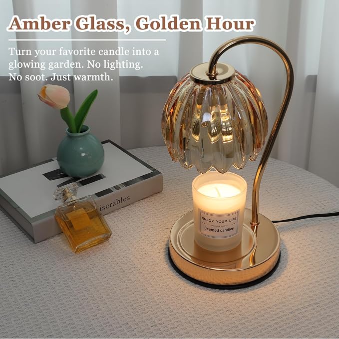 Candle Warmer Lamp with Timer & Dimmer, Modern Amber Candle Warming Lamp for Jar Candles, Scented Candle Wax Melt Warmer, Birthday Gift for Women, House Warming Gift New Home Bedroom Decor