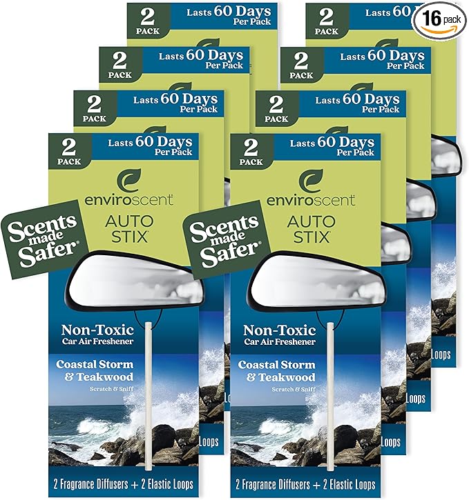 Enviroscent Non-Toxic* Car Air Freshener Auto Stix® - Scents Made Safer - Enjoy Fragrance Lasts Up to 480 Days - Includes Auto Stix® Diffusers & Elastic Loops - Coastal Storm & Teakwood (Pack of 8)