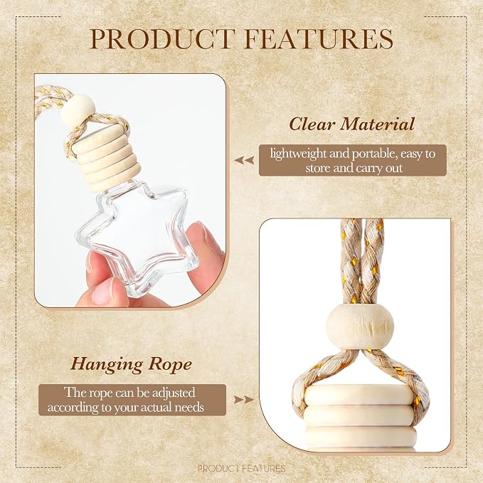 BBTO 50 Pcs Hanging Car Air Freshener Car Diffuser Bottles Empty Glass Perfume Bottle Freshener Diffuser Bottle Pendant for Essential Oil Fragrance Aromatherapy Ornament(Star)