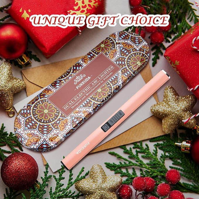 FUKKUDA Electric Candle Lighter with Gift Box - USB Rechargeable Windproof & Flameless Plasma Arc Lighter for Candles, Bohemia Box Rose Gold