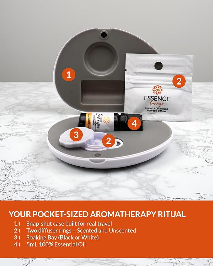 Essence Pearl Travel Case | Orange Essential Oil | Aromatherapy Nasal Diffuser & Essential Oil Carrying Case | Uplifting Citrus Scent | Travel-Friendly Kit | White Pod